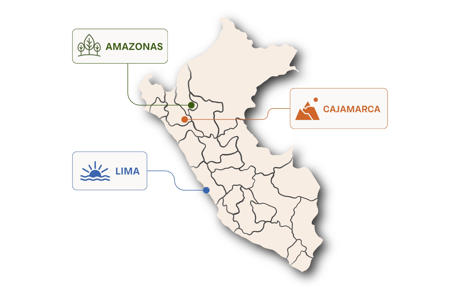 Mapa de las tres regiones del proyecto MenstruAcción: Lima, Cajamarca y Amazonas